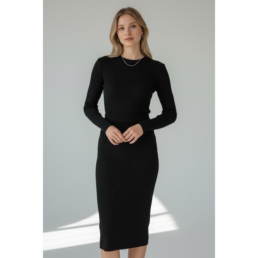 IRO Ribbed Wool‎ Knit Top Skirt Set Black Midi Skirt XS / XXS
